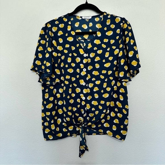 Hailey & co. Blue w/yellow & white abstract tie front button front blouse size L - Picture 1 of 3